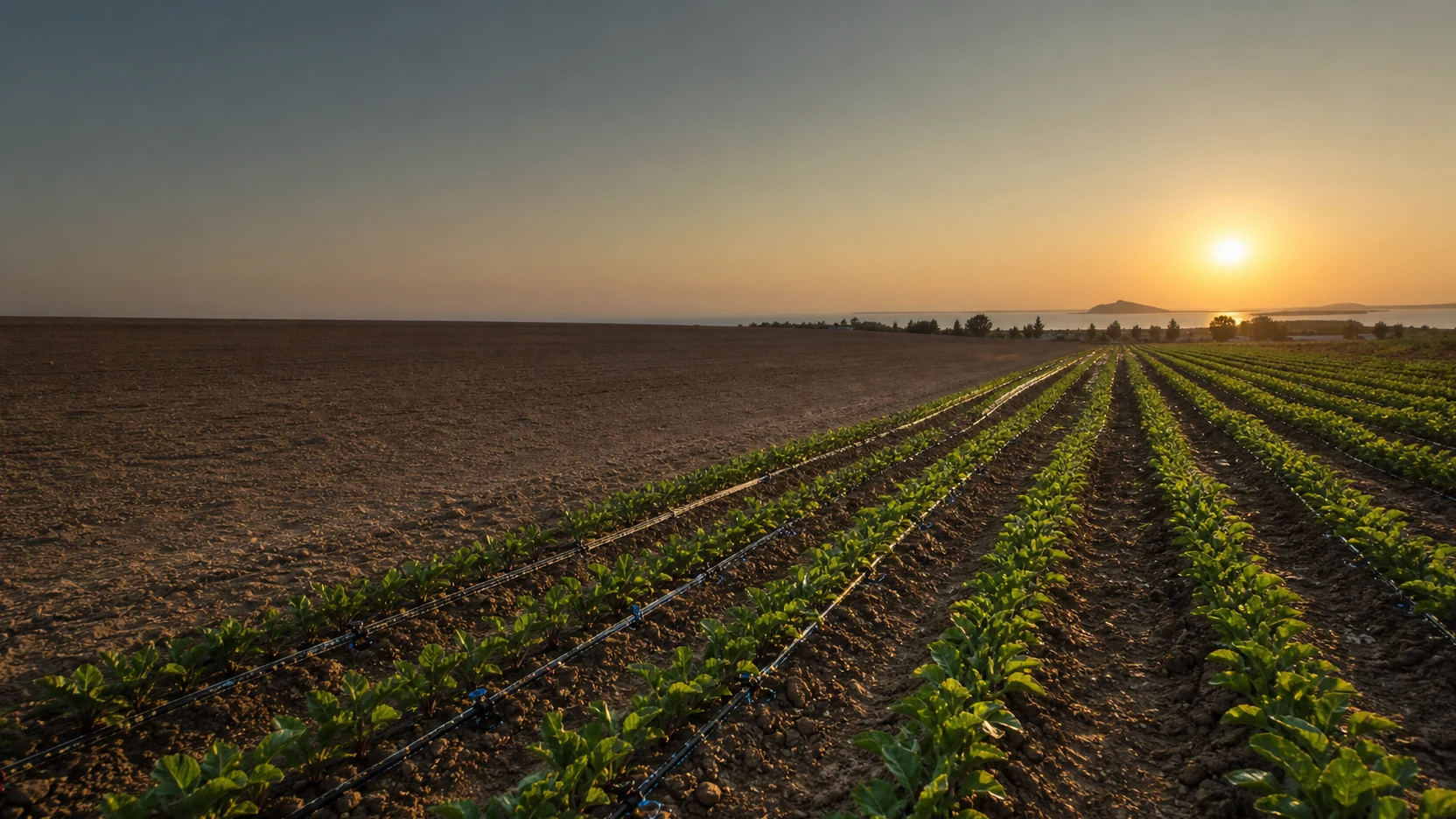 Distesa coltivata irrigata in luce dorata mediterranea, orizzonte aperto e sicuro