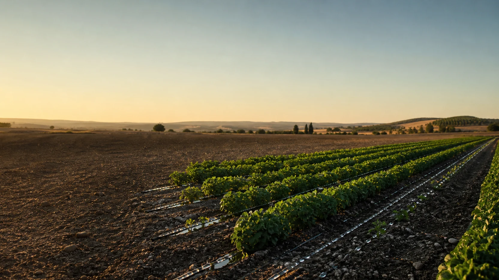 Campo mediterraneo irrigato a goccia all'alba, filari che convergono verso l'orizzonte